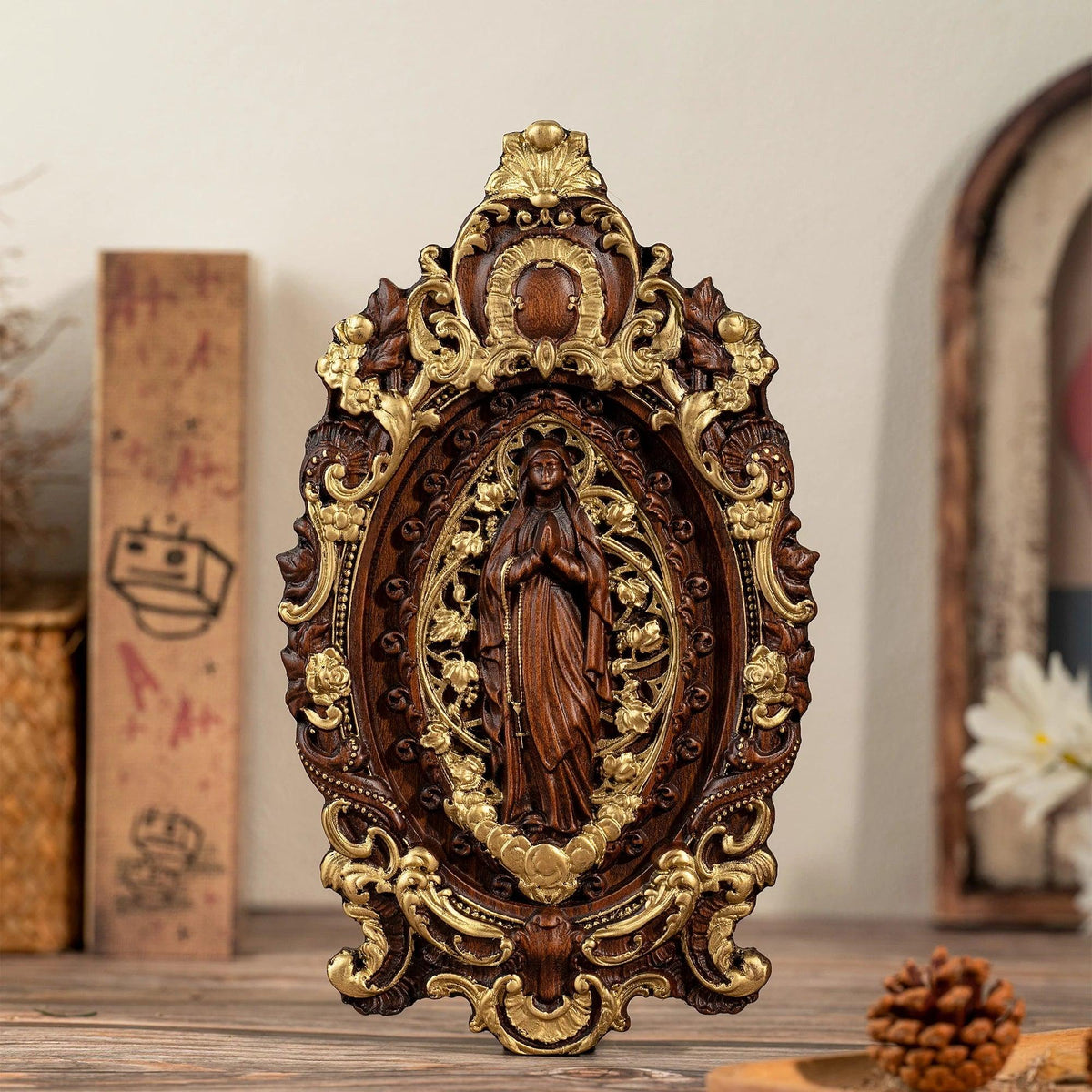 Escultura Virgem Maria Folhas Madeira